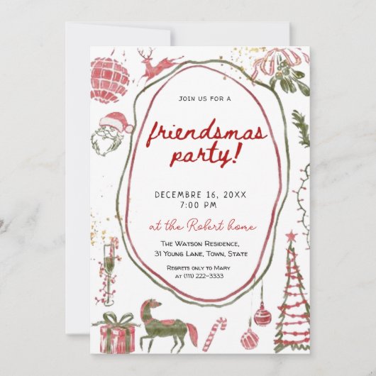Invitation Hand drawn Friendsmas Whimsical Doodle Christmas (Devant)