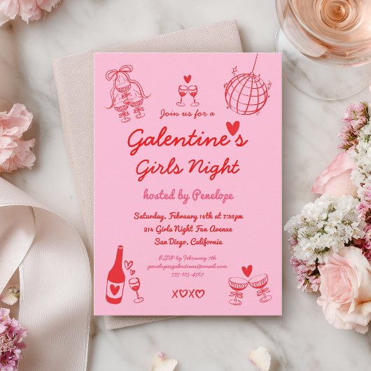 Invitation Hand Drawn Galentine's Girls Night Party