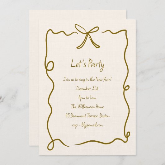 Invitation Hand Drawn Gold Bow Ribbon Border New Years Party (Devant / Derrière)