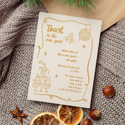 Invitation Hand Drawn Gold Illustrated New Years Eve Party