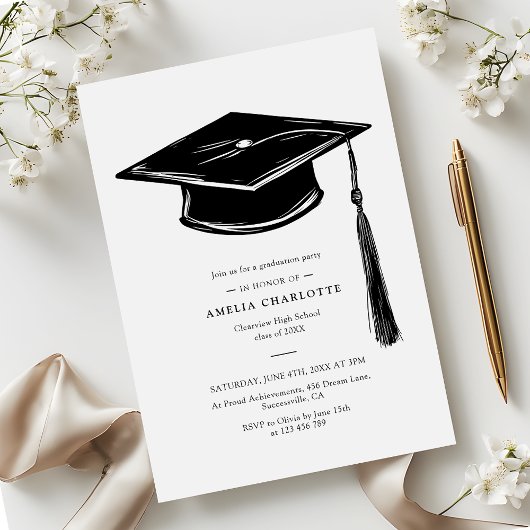 Invitation Hand Drawn Graduation Cap Elegant Grad Party