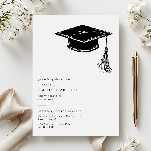 Invitation Hand Drawn Graduation Cap Modern Grad Party