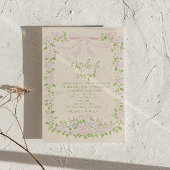 Invitation Hand Drawn Green Pink Bow Floral Summer Wedding