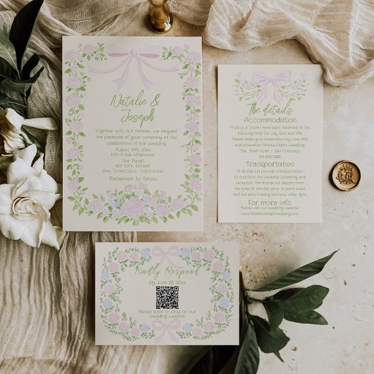 Invitation Hand Drawn Green Pink Bow Floral Summer Wedding