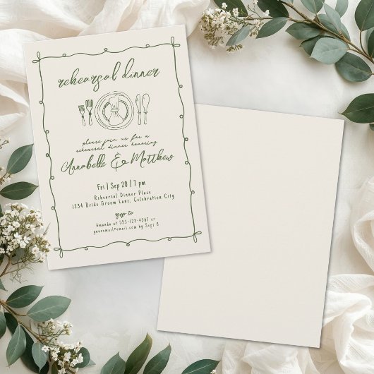 Invitation Hand Drawn Green Wedding Rehearsal Dinner