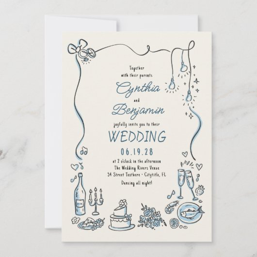 Invitation Hand Drawn Illustrations Doodles Whimsical Wedding (Devant)