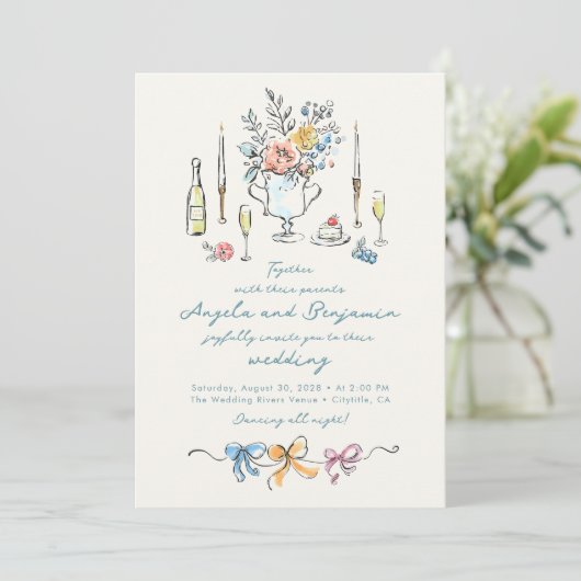 Invitation Hand Drawn Illustrations Whimsical French Wedding (Debout devant)