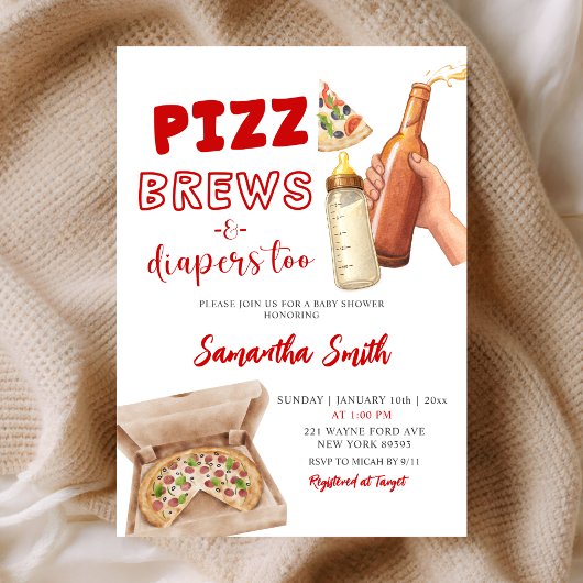 Invitation Hand Drawn Minimalist Pizza Brews and Diapers