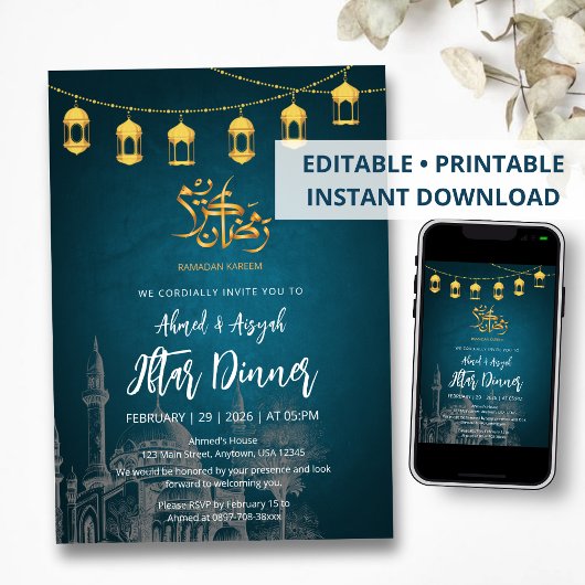 Invitation Hand-Drawn Mosque Sketch & Gold Lantern Iftar