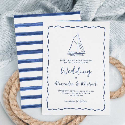 Invitation Hand Drawn Nautical Sailboat Navy Blue Wedding
