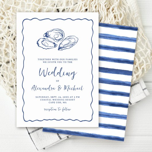 Invitation Hand Drawn Oysters Coastal Navy Blue Wedding
