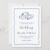 Invitation Hand Drawn Oysters Coastal Navy Blue Wedding (Devant)