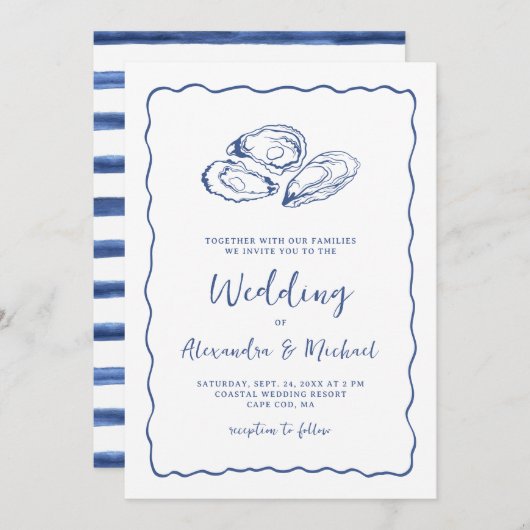 Invitation Hand Drawn Oysters Coastal Navy Blue Wedding (Devant / Derrière)