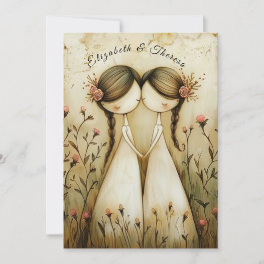 Invitation Hand Drawn Pencil Illustration Two Brides Wedding (Devant)
