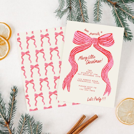 Invitation Hand Drawn Pink and Red Bow Christmas Party