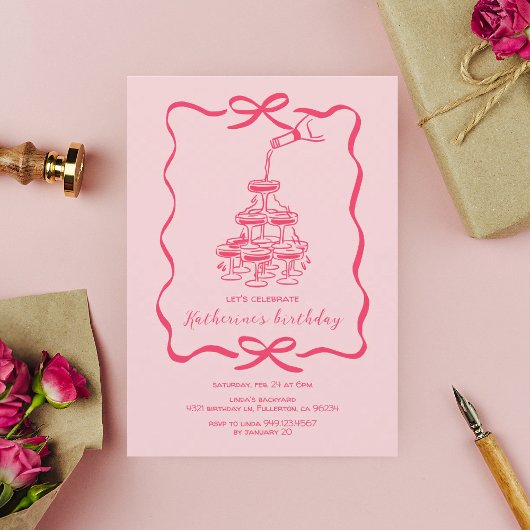 Invitation Hand Drawn Pink Champagne Tower Birthday Party