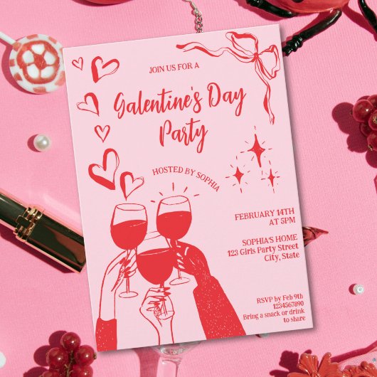 Invitation Hand Drawn Pink Red Galentine's Day Cocktail Party