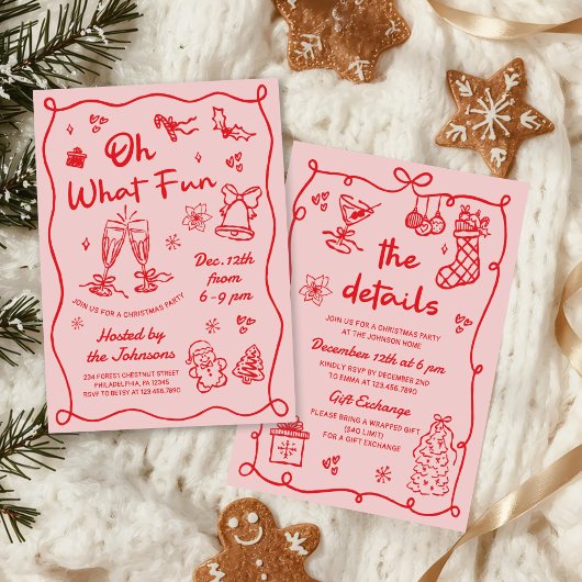 Invitation Hand Drawn Pink Red Modern Christmas Party