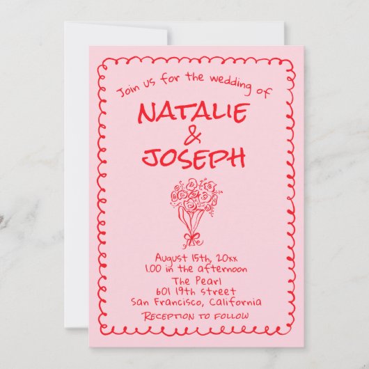 Invitation Hand Drawn Pink Red Retro QR Code Wedding (Devant)