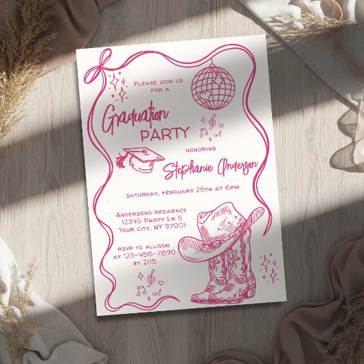 Invitation Hand Drawn Pink Western Disco Graduation Party