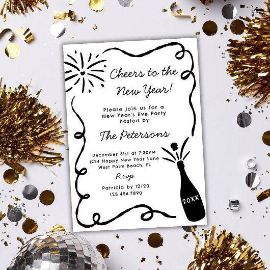 Invitation Hand Drawn Popping Champagne New Years Eve Party