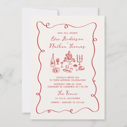 Invitation Hand Drawn Red All in One Wedding (Devant)