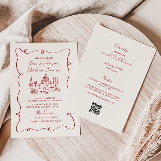 Invitation Hand Drawn Red All in One Wedding