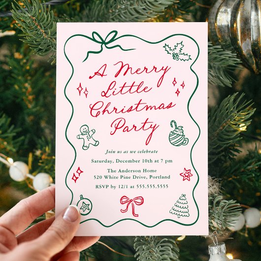 Invitation Hand-Drawn Red and Green Merry Little Christmas