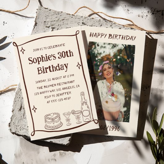 Invitation Hand Drawn Red & Cream 30TH Birthday Photo