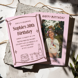 Invitation Hand Drawn Red & Pink 30TH Birthday Photo