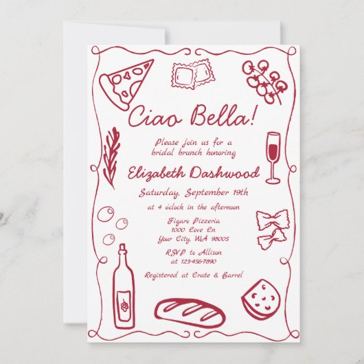 Invitation Hand Drawn Retro Red Italian Casual Bridal Brunch (Devant)