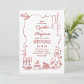 Invitation Hand Drawn Retro Whimsical Burgundy Wedding Photo (Debout devant)