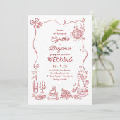 Invitation Hand Drawn Retro Whimsical Burgundy Wedding Photo (Debout devant)