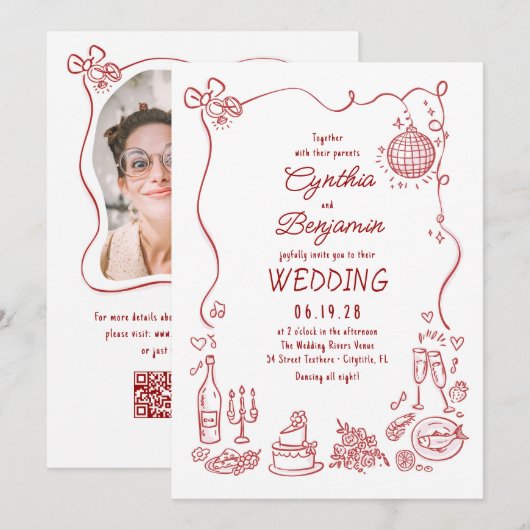 Invitation Hand Drawn Retro Whimsical Burgundy Wedding Photo (Devant / Derrière)