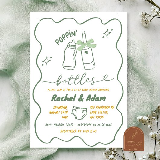 Invitation Hand Drawn Sage Green Poppin Bottles Baby Shower