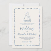 Invitation Hand Drawn Sailboat Blue Ivory Nautical Wedding (Devant)