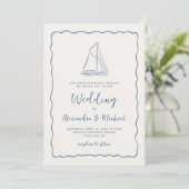 Invitation Hand Drawn Sailboat Blue Ivory Nautical Wedding (Debout devant)