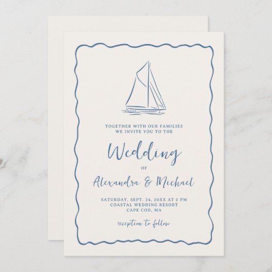 Invitation Hand Drawn Sailboat Blue Ivory Nautical Wedding (Devant / Derrière)