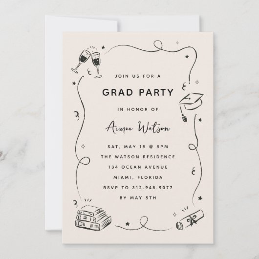 Invitation Hand-Drawn Scribble Doodles Graduation Party (Devant)