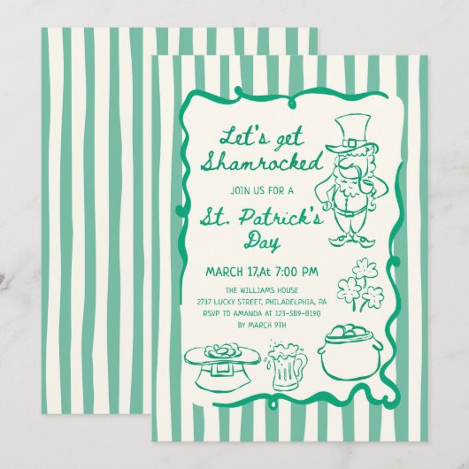 Invitation Hand Drawn Scribble Doodles Green St Patrick's Day (Devant / Derrière)