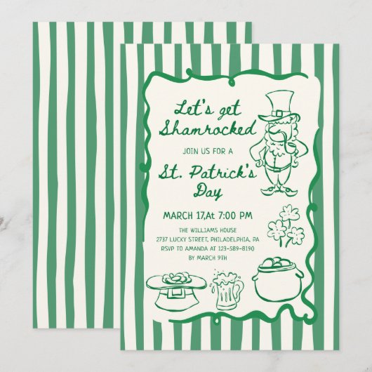Invitation Hand Drawn Scribble Doodles Green St Patrick's Day (Devant / Derrière)