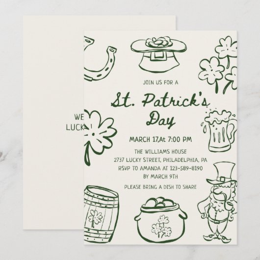 Invitation Hand Drawn Scribble Doodles St Patrick's Day (Devant / Derrière)