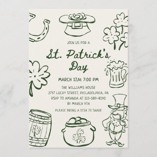 Invitation Hand Drawn Scribble Doodles St Patrick's Day (Devant)