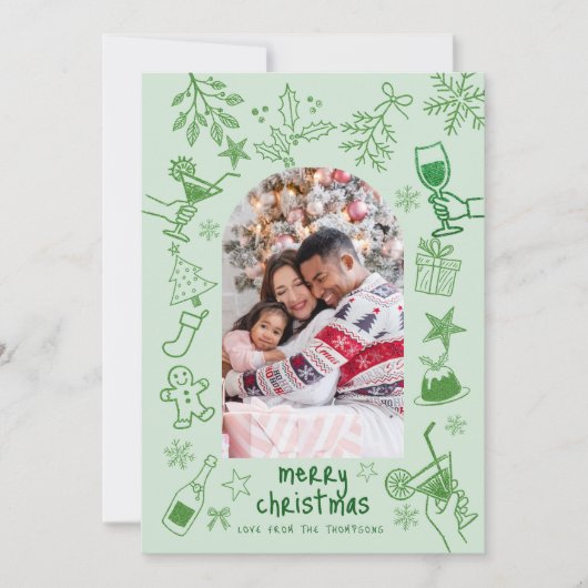 Invitation Hand Drawn Scribbly Glitter Green Merry Christmas (Devant)