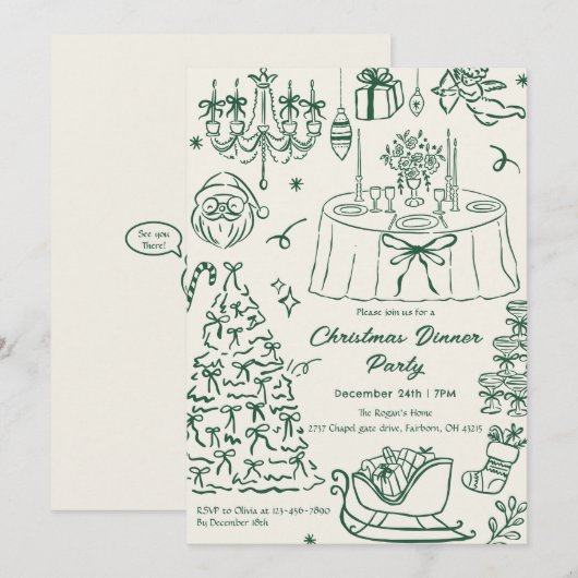 Invitation Hand Drawn Squiggle Doodles Christmas Party Invita (Devant / Derrière)