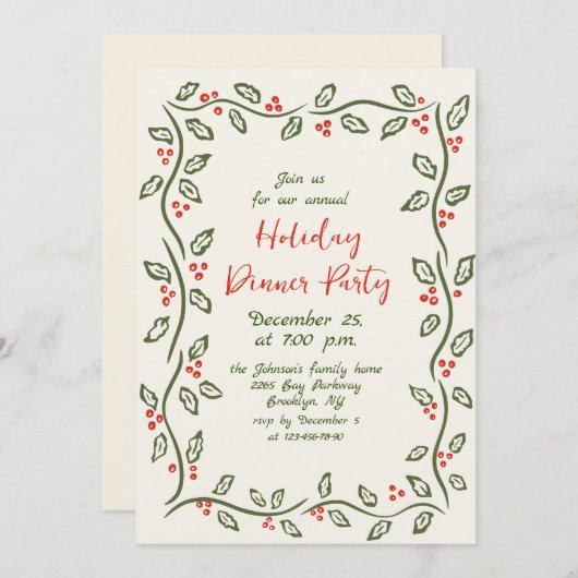 Invitation Hand Drawn Whimsical Christmas Holiday Dinner Invi (Devant / Derrière)