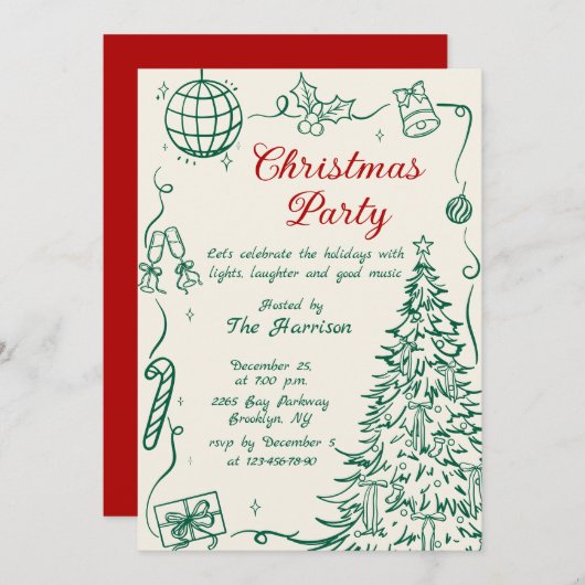 Invitation Hand Drawn Whimsical Christmas Holiday Party (Devant / Derrière)