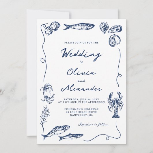 Invitation Hand Drawn Whimsical Coastal Navy Blue Wedding (Devant)