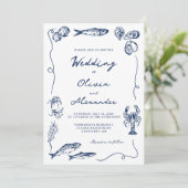 Invitation Hand Drawn Whimsical Coastal Navy Blue Wedding (Debout devant)