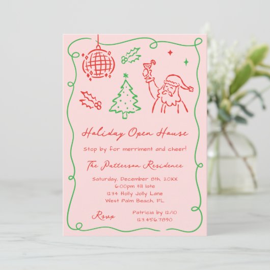 Invitation Hand Drawn Whimsical Doodle Christmas Open House (Debout devant)